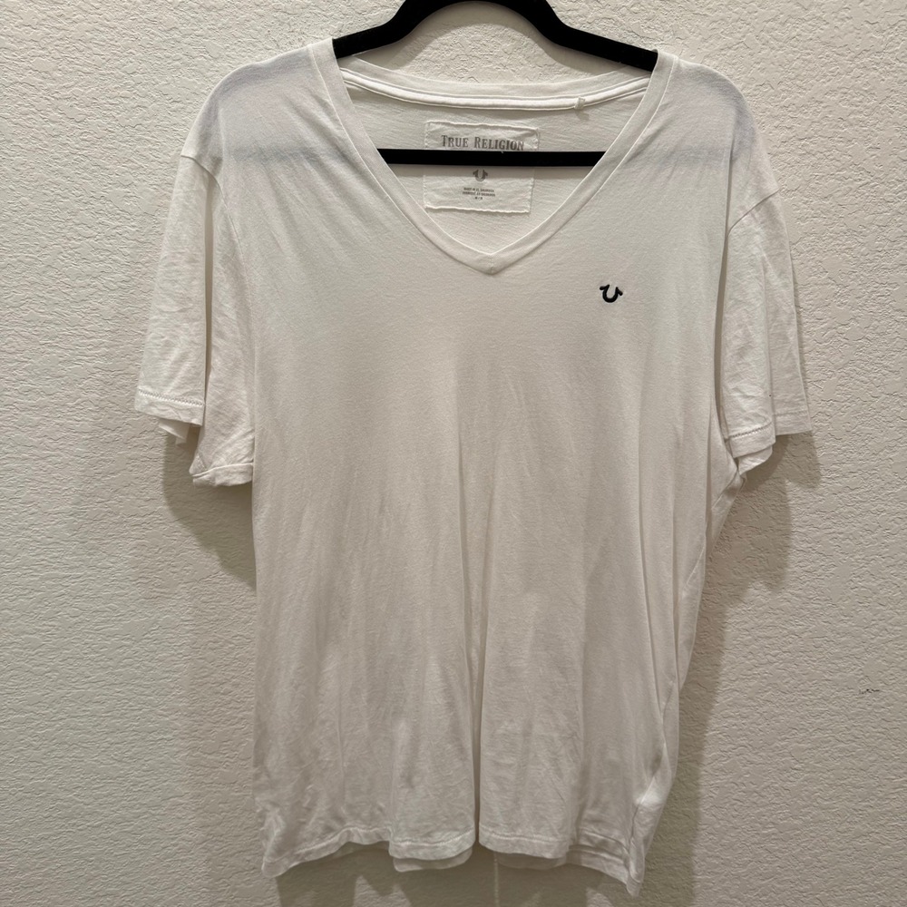 True Religion Womens White V-Neck Short Sleeve Horseshoe Logo T-Shirt Size M